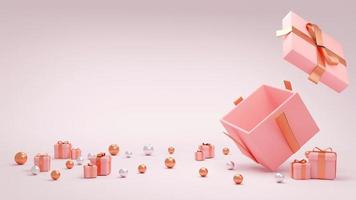 3D Rendering concept of opened gift box. gift box open around with small presents and elements for commercial design. Valentine's day, mother's day background. 3D Render. 3D illustration. Pink theme. photo