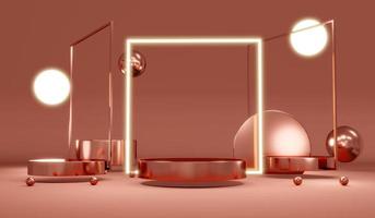 Concepto de representación 3d de luces de línea led brillantes cuadradas y esferas con un podio en blanco en tema de bronce para diseño de lujo cosmético comercial. representación 3d ilustración 3d concepto de luz abstracta. foto