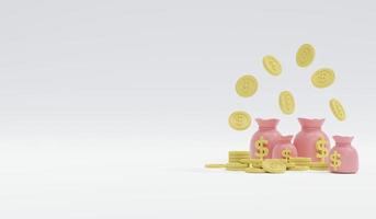3D Rendering concept of money, insurance, financial services, investment. Pastel coins and money bag with space for text on the left on white background. 3D Render. illustration. Minimal style. photo