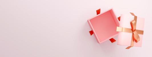 3D rendering concept of holiday, wedding,birthday present background. Pink present box opens up showing blank space inside for commercial design. Top view empty gift box on long background. 3D render. photo