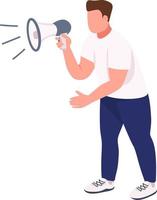 Athletic man shouting in megaphone semi flat color vector character