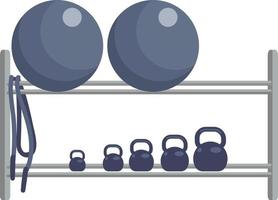 Shelves with kettlebells and fitness balls semi flat color vector object