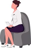 Female talk show host sitting in armchair semi flat color vector character