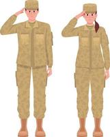 Male and female soldiers saluting semi flat color vector characters