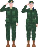 Military man and woman in uniforms semi flat color vector characters