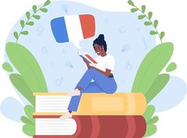 Reading book to learn French 2D vector isolated illustration