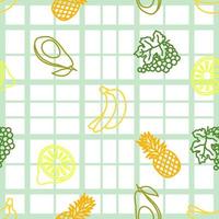 Seamless pattern with exotic fruits on plaid oilcloth. Pineapple, banana, avocado, lemon and grapes outline icons. vector