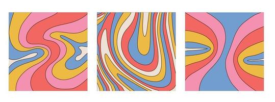 Set of tree Groovy retro swirl burst backdrops. Trippy Retro Background for Psychedelic 60s, 70s Parties with Melting Rainbow Colors and Groovy Wavy Pattern in Pop Art style. Vector drawn illustration