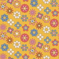 Seamless pattern with cute retro groovy flowers on yellow background. Vintage texture for kids textile, wrapping paper. Cartoon 70s-80s comic style background for children. Vector illustration.