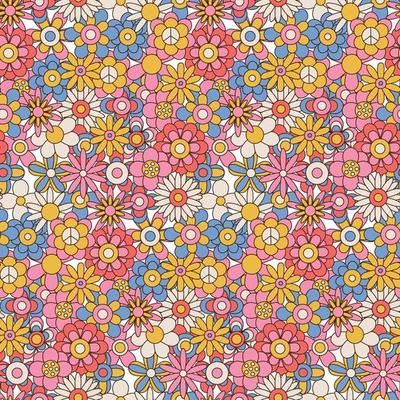 60s and 70s retro vintage flowers seamless pattern. Floral background with different hippie daisies. Outline color vector illustration.