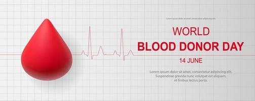 World Blood Donor Day vector background. Horizontal banner with realistic drop. Modern 3d design