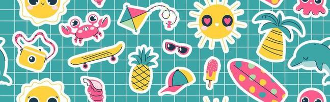 Seamless pattern with summer stickers. Horizontal banner for the concept of vacation, seasonal recreation, the sea. Cute crab, palm trees, pineapple on a checkered background vector