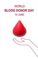 A drop of blood in my hand. The concept of blood donation. Vector vertical banner