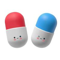 Two cute medical capsules with faces. Vector illustration of funny pills winking.