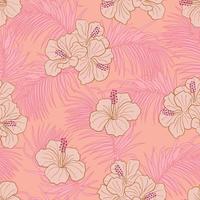 flores de hibisco y hojas de fondo transparente. papel de regalo de naturaleza tropical o diseño textil. hermoso estampado con flores exóticas dibujadas a mano. vector