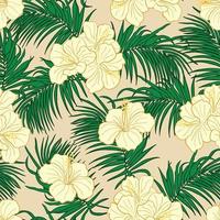 Hibiscus flowers and leaves seamless pattern background. Tropical nature wrapping paper or textile design. Beautiful print with hand-drawn exotic flower. vector