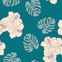 Hibiscus flowers and leaves seamless pattern background. Tropical nature wrapping paper or textile design. Beautiful print with hand-drawn exotic flower. vector