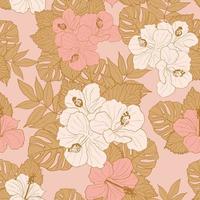 flores de hibisco y hojas de fondo transparente. papel de regalo de naturaleza tropical o diseño textil. hermoso estampado con flores exóticas dibujadas a mano. vector