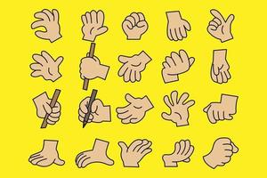 Hands pose. Hand holding and pointing gesture, fingers crossed, fist, peace and thumbs up. Cartoon human palms and wrist vector set. Communication or talk with emoji for messenger