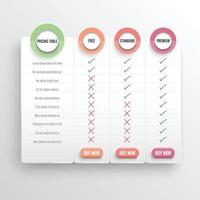 Comparison pricing list. Comparing price or product plan chart compare products business purchase discount hosting image grid. Services cost table unlimited menu planning vector infographics template.