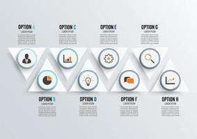Vector infographic template with 3D paper label, integrated circles. Business concept with 8 options. For content, diagram, flowchart, steps, parts, timeline infographics.