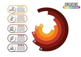 El vector de diseño de infografías y los iconos de marketing se pueden utilizar para el diseño de flujo de trabajo, diagrama, informe anual, diseño web. concepto de negocio con 5 opciones, pasos o procesos.