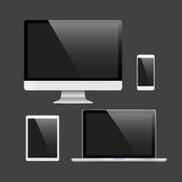 Set of realistic computer monitor, laptop, tablet and mobile phone with isolated on transparent screen. Various modern electronic gadget on background. Vector illustration EPS10