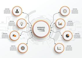 tecnología infográfica vectorial con etiqueta de papel 3d, círculos integrados. concepto de negocio con 8 opciones. para contenido, diagrama, diagrama de flujo, pasos, partes, infografías de línea de tiempo, flujo de trabajo, gráfico. vector