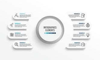 plantilla de infografía vectorial con etiqueta de papel 3d, círculos integrados. concepto de negocio con 8 opciones. para contenido, diagrama, diagrama de flujo, pasos, partes, infografías de línea de tiempo, flujo de trabajo, gráfico. vector