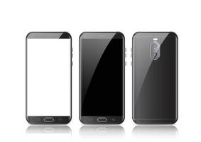 moderno teléfono móvil con pantalla táctil negro tablet smartphone aislado sobre fondo claro. parte delantera y trasera del teléfono aisladas. ilustración vectorial