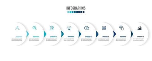 Eight paper white overlapping arrows placed in horizontal row. Concept of 8 successive. For content, diagram, flowchart, steps, parts, timeline infographics, workflow layout, chart. vector