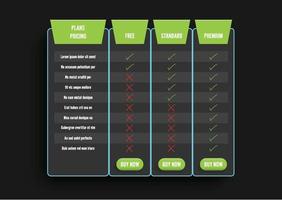 Dark modern pricing table with green recommended option. Comparison pricing list. Comparing price or product plan chart compare products business purchase discount hosting image grid.