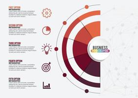 El vector de diseño de infografías y los iconos de marketing se pueden utilizar para el diseño de flujo de trabajo, diagrama, informe anual, diseño web. concepto de negocio con 5 opciones, pasos o procesos.