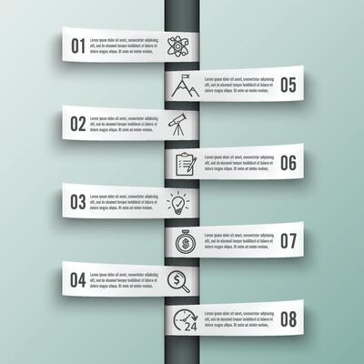 Vector infographic template with 3D paper label, integrated circles. Business concept with 8 options. For content, diagram, flowchart, steps, parts, timeline infographics, workflow, chart.