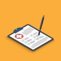 Clipboard with medical cross and pen isometric. Clinical record, prescription, claim, medical check marks report, health insurance concepts. Premium quality. Modern flat design graphic elements.