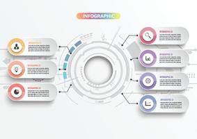 Vector infographic template with 3D paper label, integrated circles. Business concept with 7 options. For content, diagram, flowchart, steps, parts, timeline infographics, workflow, chart.