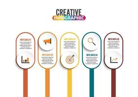 Infografía de cinco pasos: puede ilustrar una estrategia, un flujo de trabajo o un trabajo en equipo. vector