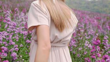 femme joyeuse et insouciante courant lentement parmi des champs de fleurs violettes en plein air, vue arrière d'un grand champ de lavande en fleurs par beau temps, femme et nature par beau jour, tourisme de conservation naturelle video