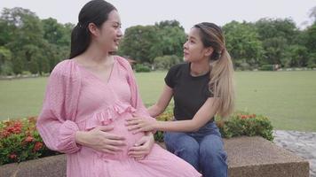 une femme enceinte asiatique s'assoit pour se détendre avec son amie à l'intérieur du parc, la société des femmes, la grossesse féminine discute du problème, donne des conseils utiles, les amis se réunissent pour soulager le stress, les futurs parents video