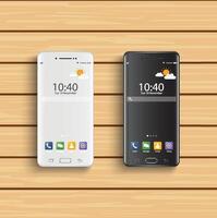 Smartphones black and white. New realistic mobile smartphone modern style. Vector smartphone with ui icons on wooden background.