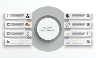 Vector infographic template with 3D paper label, integrated circles. Business concept with 8 options. For content, diagram, flowchart, steps, parts, timeline infographics, workflow, chart.