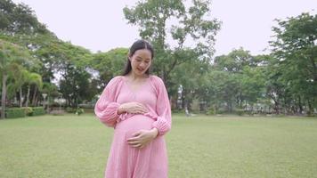 gelukkige mooie aziatische aanstaande moeder die naar de camera loopt terwijl ze wrijft in gesprek met haar ongeboren baby. jonge verwachtende moeder ontspannen in het park, positieve emotie. gezinslid begin van nieuw leven video