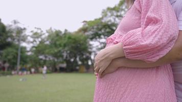 Happy family expecting a baby. Young asian family inside the park. Husband hug his pregnant wife from behind standing on green grass field close up shot, family bending love relationship marriage life video