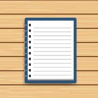 Blank realistic spiral notepad notebook on wooden background. Vector illustrator