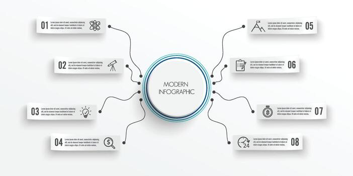 Vector infographic template with 3D paper label, integrated circles. Business concept with 8 options. For content, diagram, flowchart, steps, parts, timeline infographics, workflow, chart.