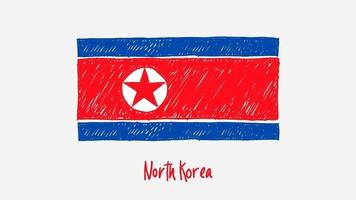 lousa de marcador de bandeira nacional do país da coreia do norte ou animação de loop de esboço de cor de lápis video