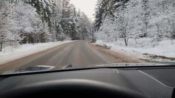 Driving a car in winter with beautiful snowy forest. Point of view 4K video
