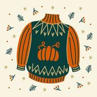 Cozy autumn sweater vector icon. Warm knitted jumper with stripes. Woolen seasonal clothing with pumpkin print. Hand drawn illustration isolated on white background.Flat cartoon clipart, simple doodle