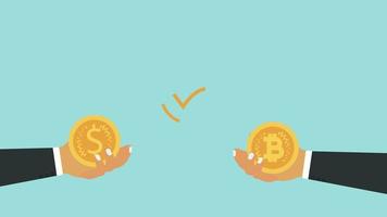 valuta wisselen tussen twee zakenlieden 4k animatie. bitcoin en dollar uitwisselingsconcept met twee menselijke handen. animatiebeelden van zakelijke transactiemethode op een groene achtergrond.