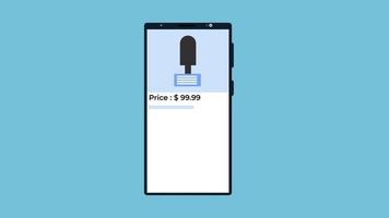 online winkel- en betaalmethode met een mobiele 4k-animatie. beeldmateriaal voor online productverkoopapplicatie en betaalmethode. online producten kopen en geld betalen met een telefoon 4k-animatie.